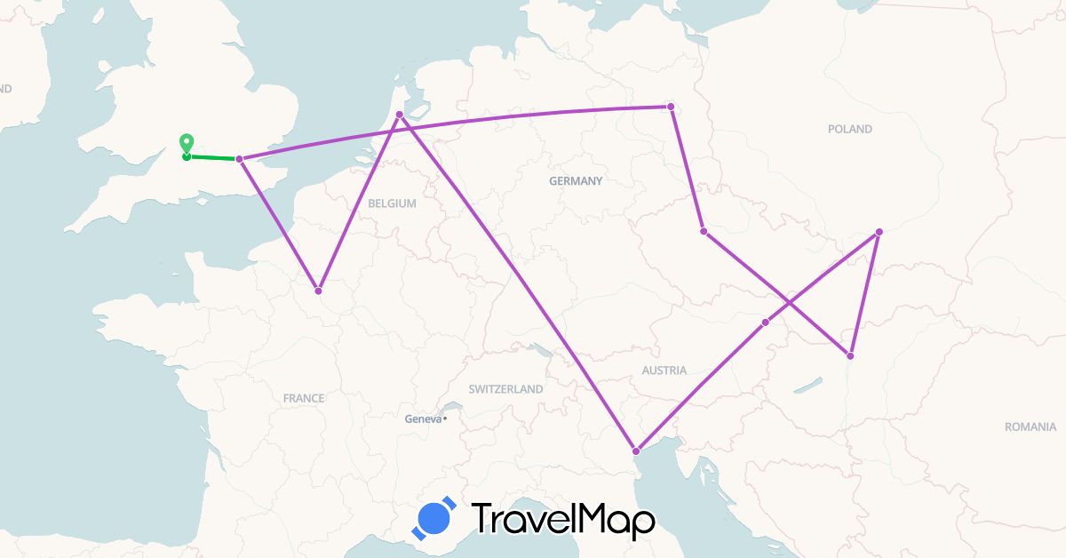 TravelMap itinerary: driving, bus, train in Austria, Czech Republic, Germany, France, United Kingdom, Hungary, Italy, Netherlands, Poland (Europe)